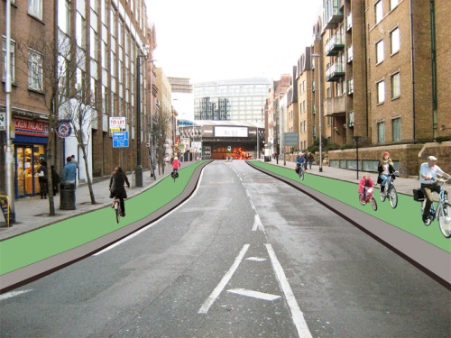 An airbrushed image of Westminster Bridge Road showing how it would look with cycle paths.